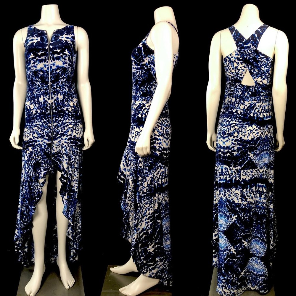 INTERMIX High-Low Blue Watercolor Zip Dress